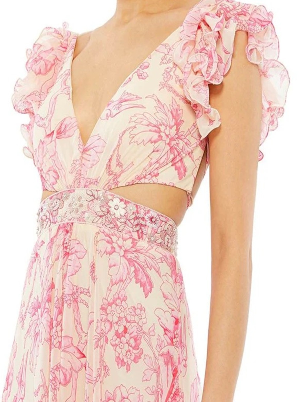 Mac Duggal Pink Floral Cutout Ruffle Sleeve Maxi Dress - Picture 2 of 3